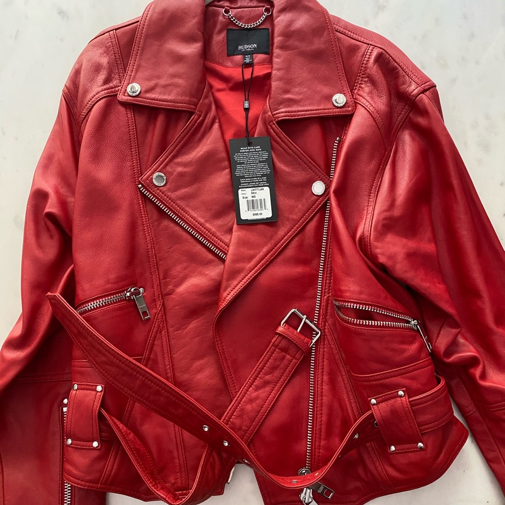 Hudson Jeans Genuine Red Leather Moto Jacket
